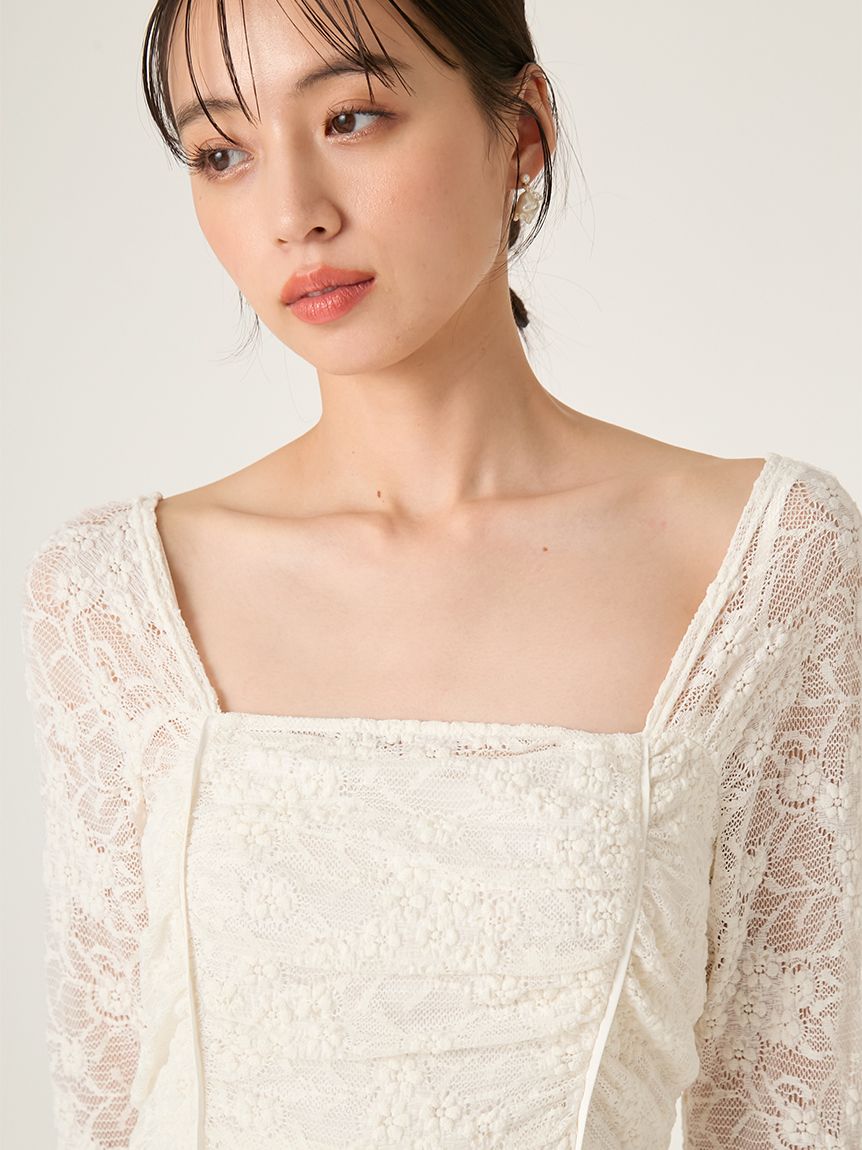 スクエアネックストレッチレースワンピース(マキシ・ロングワンピース