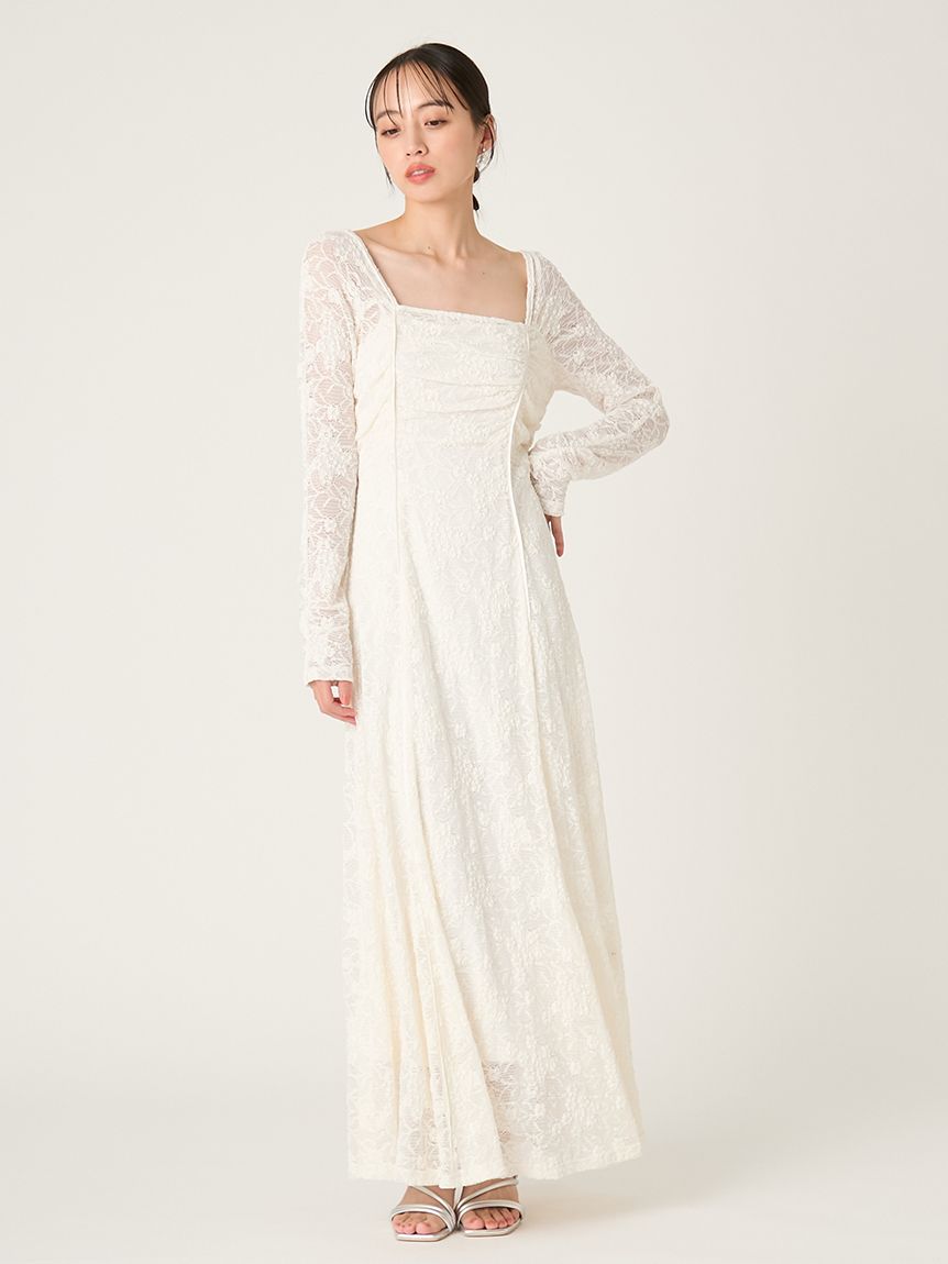 スクエアネックストレッチレースワンピース(マキシ・ロングワンピース