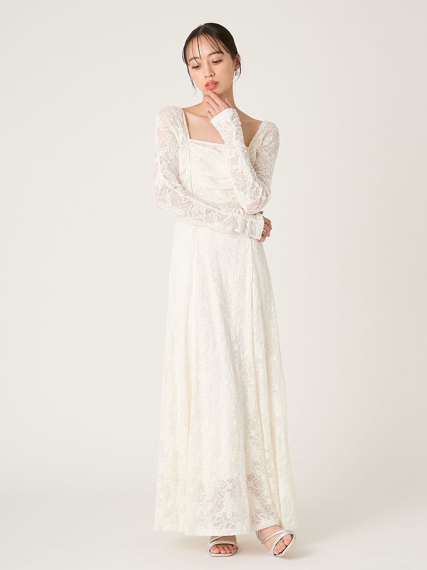 スクエアネックストレッチレースワンピース(マキシ・ロングワンピース
