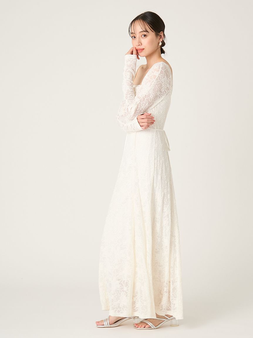 スクエアネックストレッチレースワンピース(マキシ・ロングワンピース