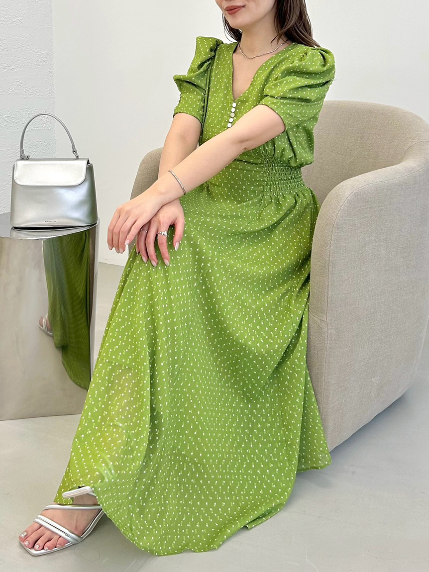 パフスリーブドットワンピース(マキシ・ロングワンピース)｜ワンピース