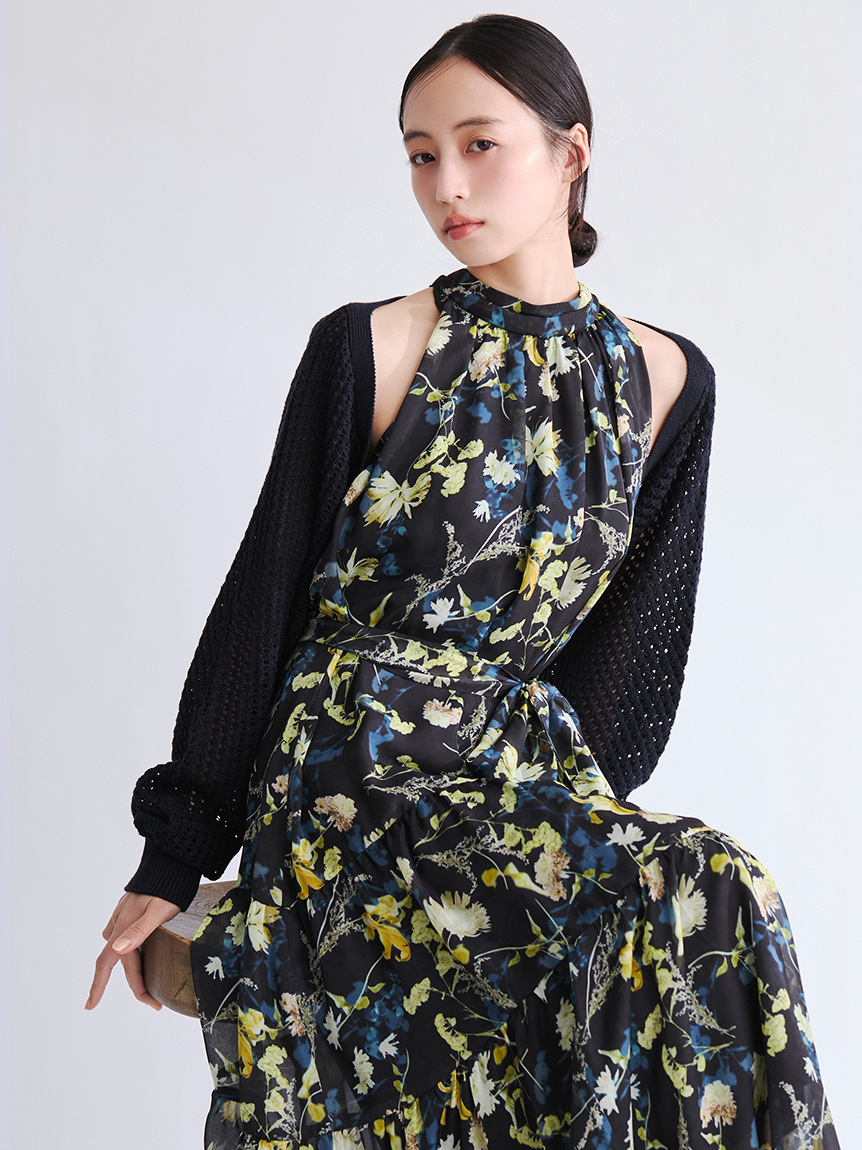 ホルターネックシアープリントワンピース(マキシ・ロングワンピース