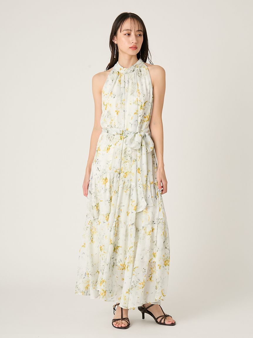 ホルターネックシアープリントワンピース(マキシ・ロングワンピース