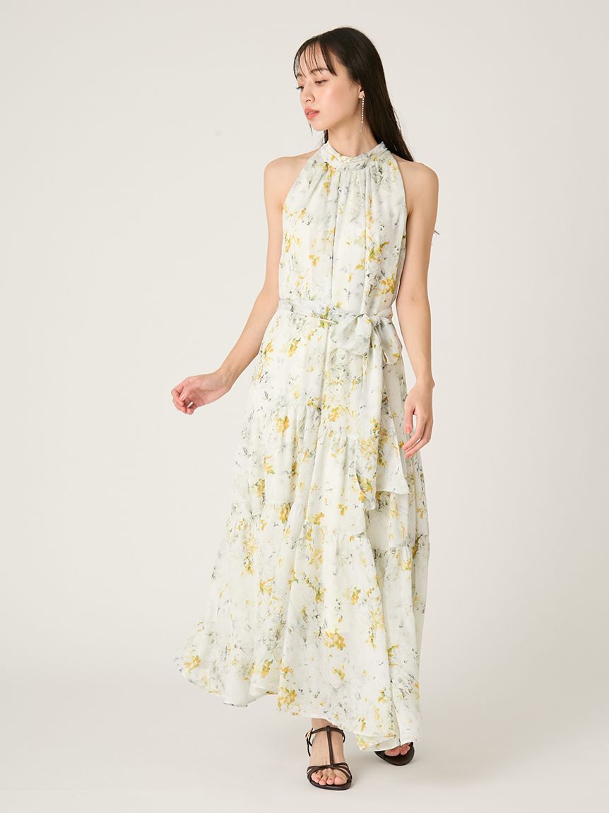 ホルターネックシアープリントワンピース(マキシ・ロングワンピース