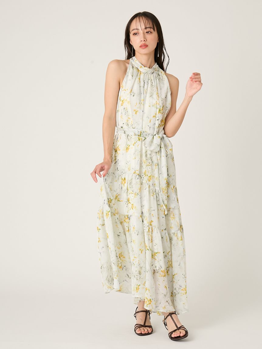 ホルターネックシアープリントワンピース(マキシ・ロングワンピース
