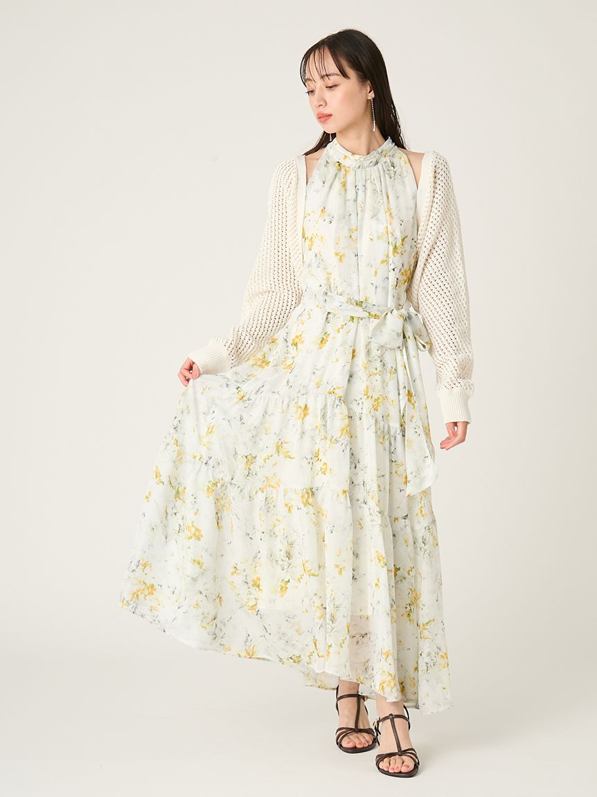 ホルターネックシアープリントワンピース(マキシ・ロングワンピース