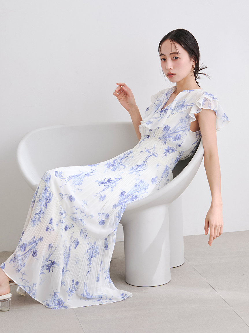 00サイズあり】フリルウエストシャーリングプリントワンピース