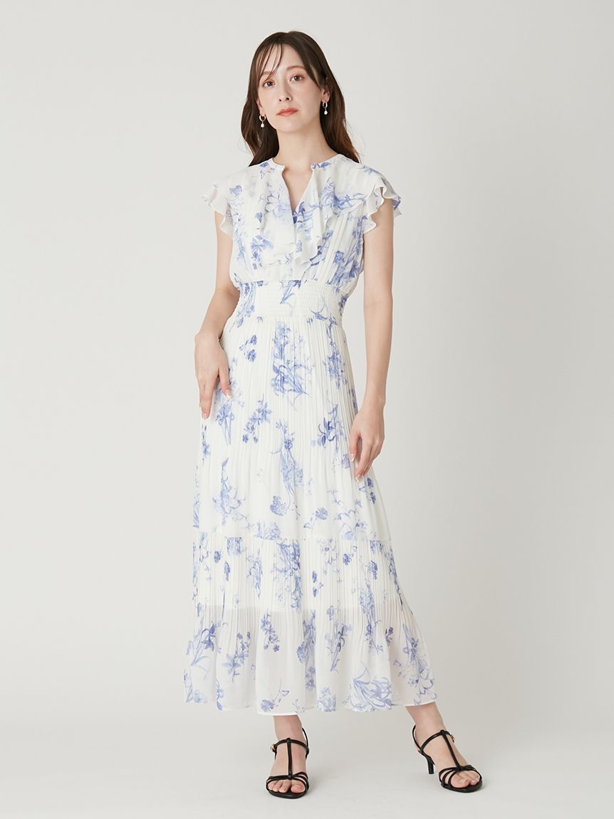 00サイズあり】フリルウエストシャーリングプリントワンピース