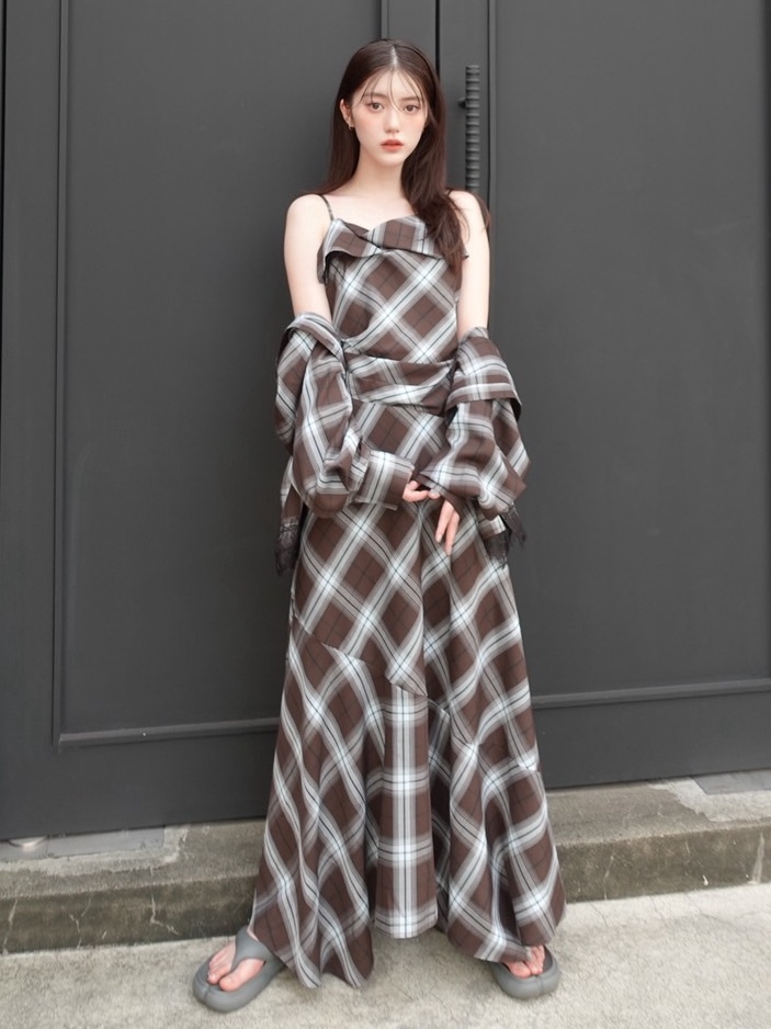 アシメドレープチェックキャミワンピース(ロングワンピース)｜DRESS