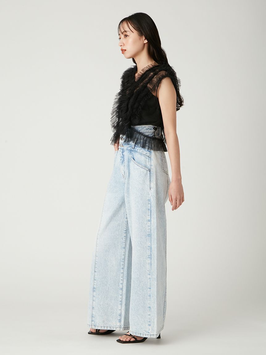 ファッション通販 安い アシメダブルウエストワイドデニムパンツ(デニムパンツ)｜パンツ パンツ