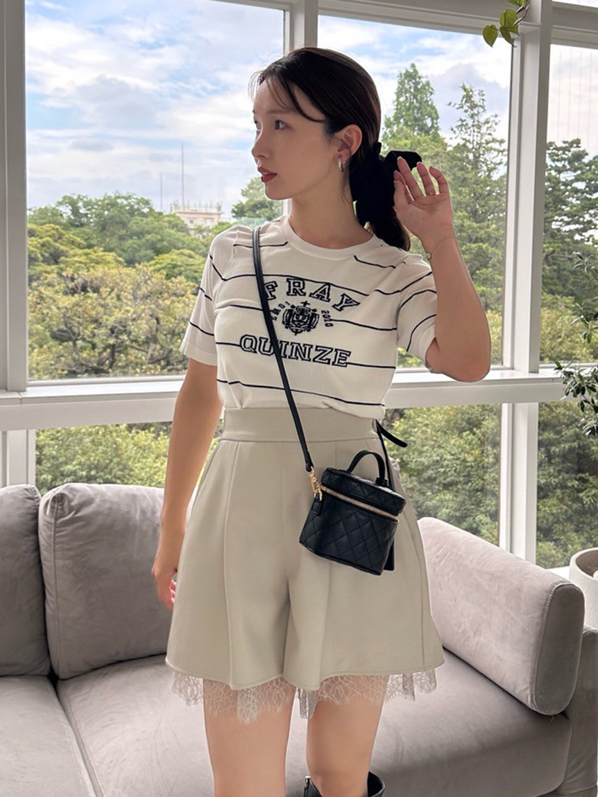 【FRAY I.D】　フレアショートパンツ レースヘムレザーライクショートパンツ(ショート・ハーフパンツ
