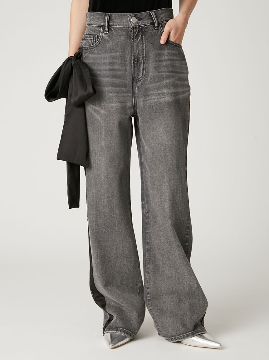 00サイズ】リボンモチーフストレートワイドデニム(デニムパンツ