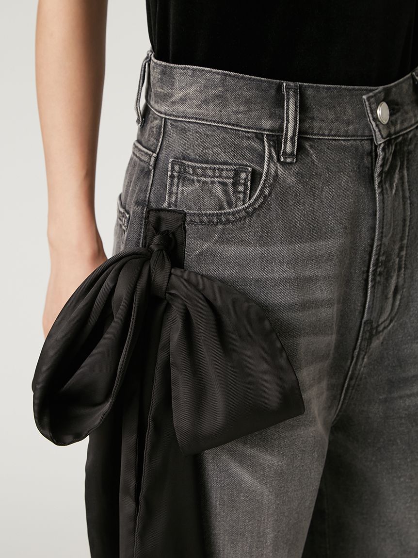 00サイズ】リボンモチーフストレートワイドデニム(デニムパンツ