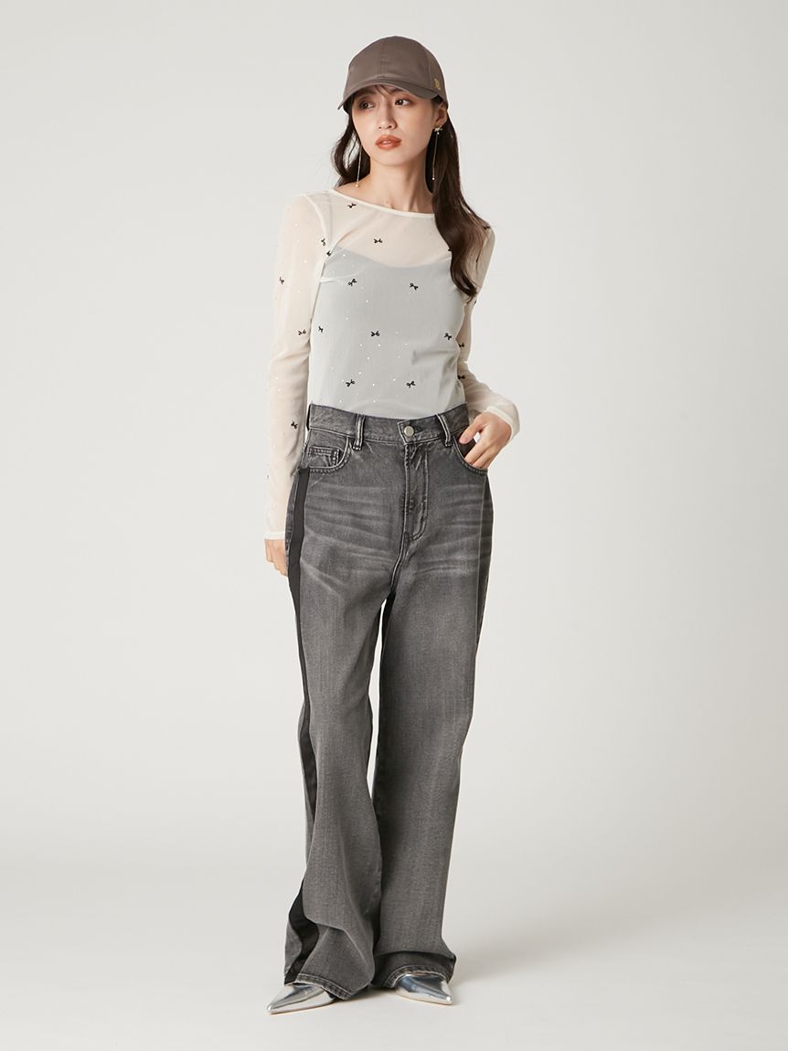 00サイズ】リボンモチーフストレートワイドデニム(デニムパンツ