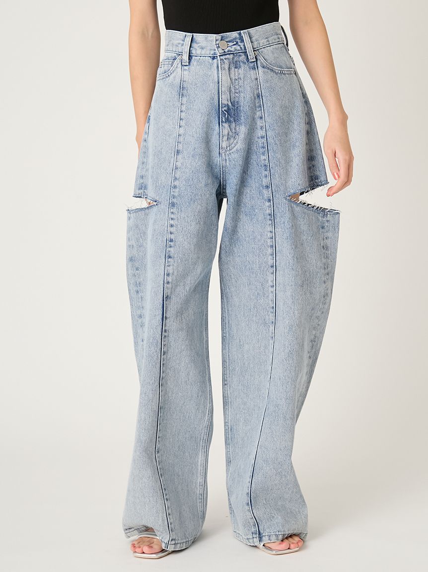 フレイアイディー　カットアウトバレルデニムパンツ　LBLU 0 00サイズあり】カットアウトバレルデニムパンツ(ロングパンツ)｜パンツ