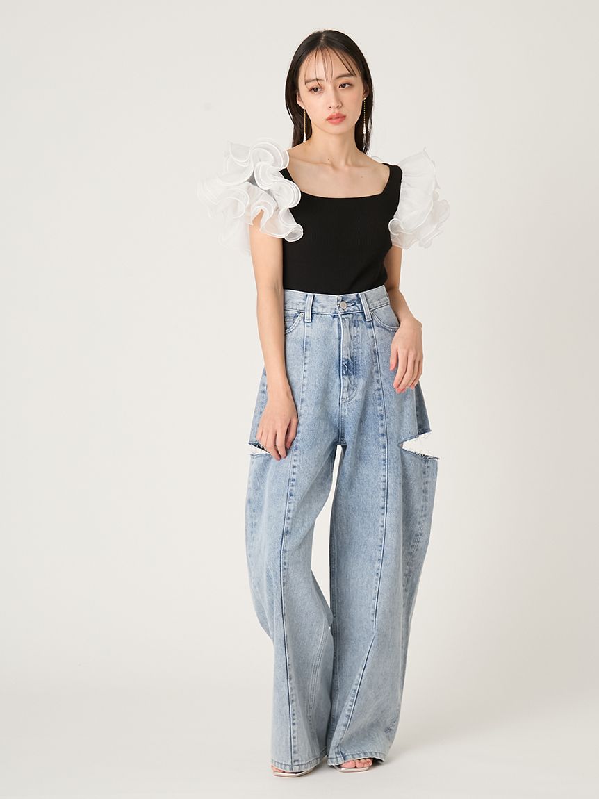 フレイアイディー　カットアウトバレルデニムパンツ　LBLU 00 00サイズあり】カットアウトバレルデニムパンツ(ロングパンツ)｜パンツ