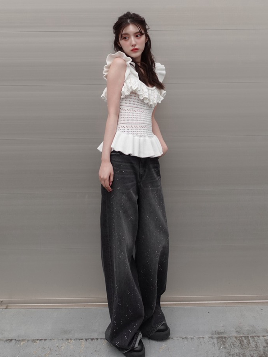 ラインストーンセミワイドストレートデニムパンツ(ロングパンツ