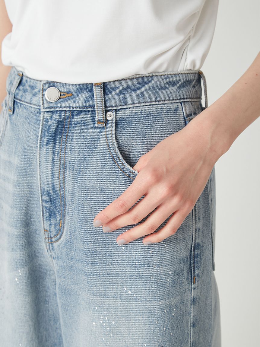 ラインストーンセミワイドストレートデニムパンツ(ロングパンツ