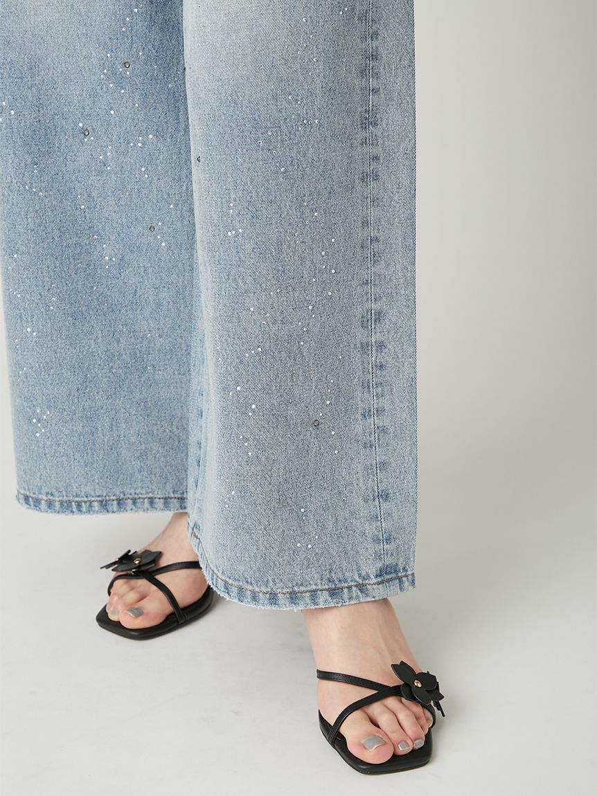 ラインストーンセミワイドストレートデニムパンツ(ロングパンツ