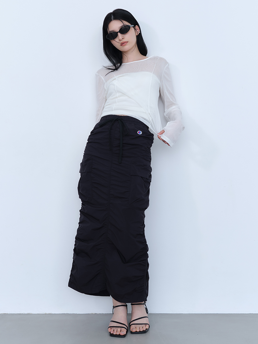 黒ドレープロングスカート 片側ドレープロング丈 アシンメトリースカート 黒