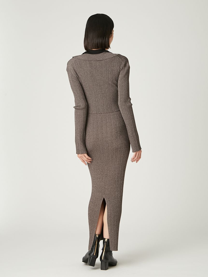 ポロカラーアンサンブルリブニットワンピース(マキシ・ロング