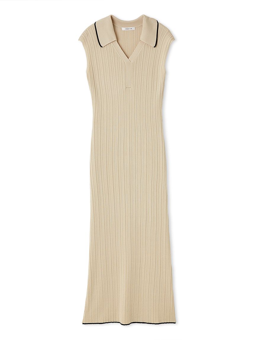 ポロカラーアンサンブルリブニットワンピース(マキシ・ロング