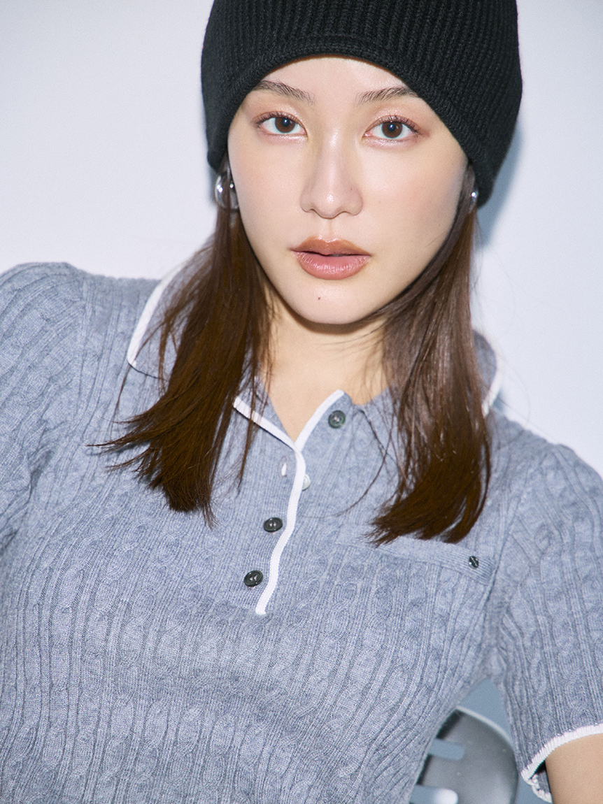 ONLINE限定】ポロカラーケーブルニットミニワンピース(ニット