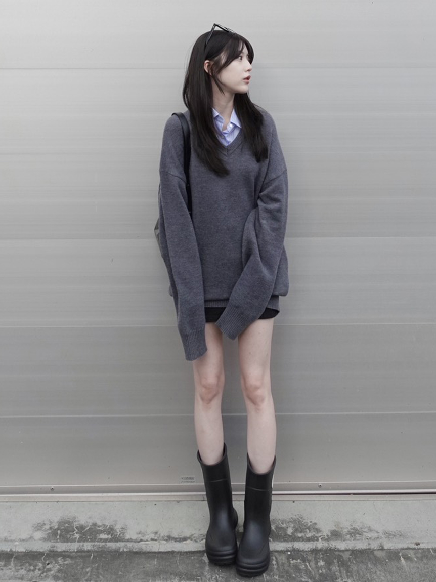 レイヤードシャツカラーウールワンピース(ニットワンピース