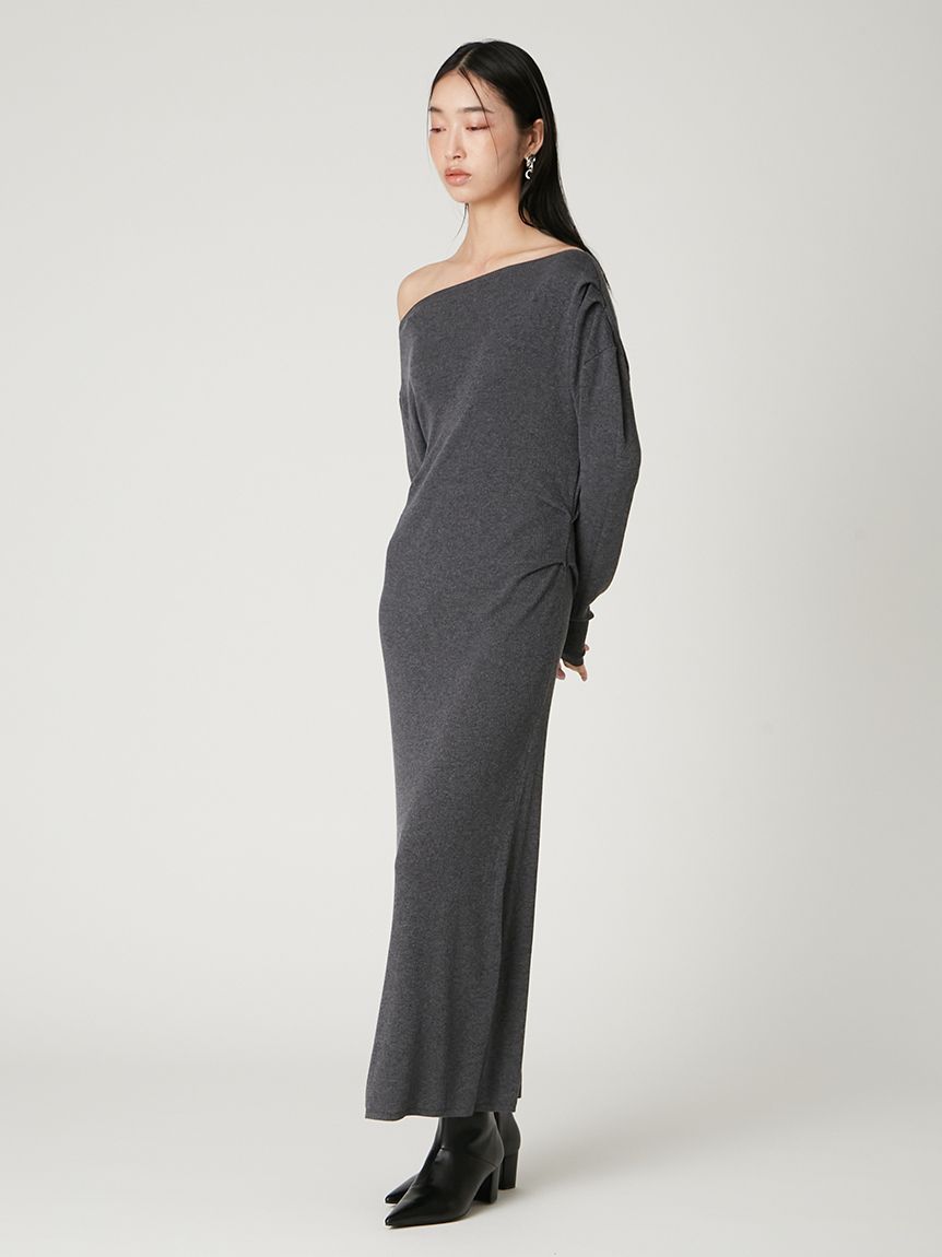 タックドレープワンショルリブニットワンピース(マキシ・ロング