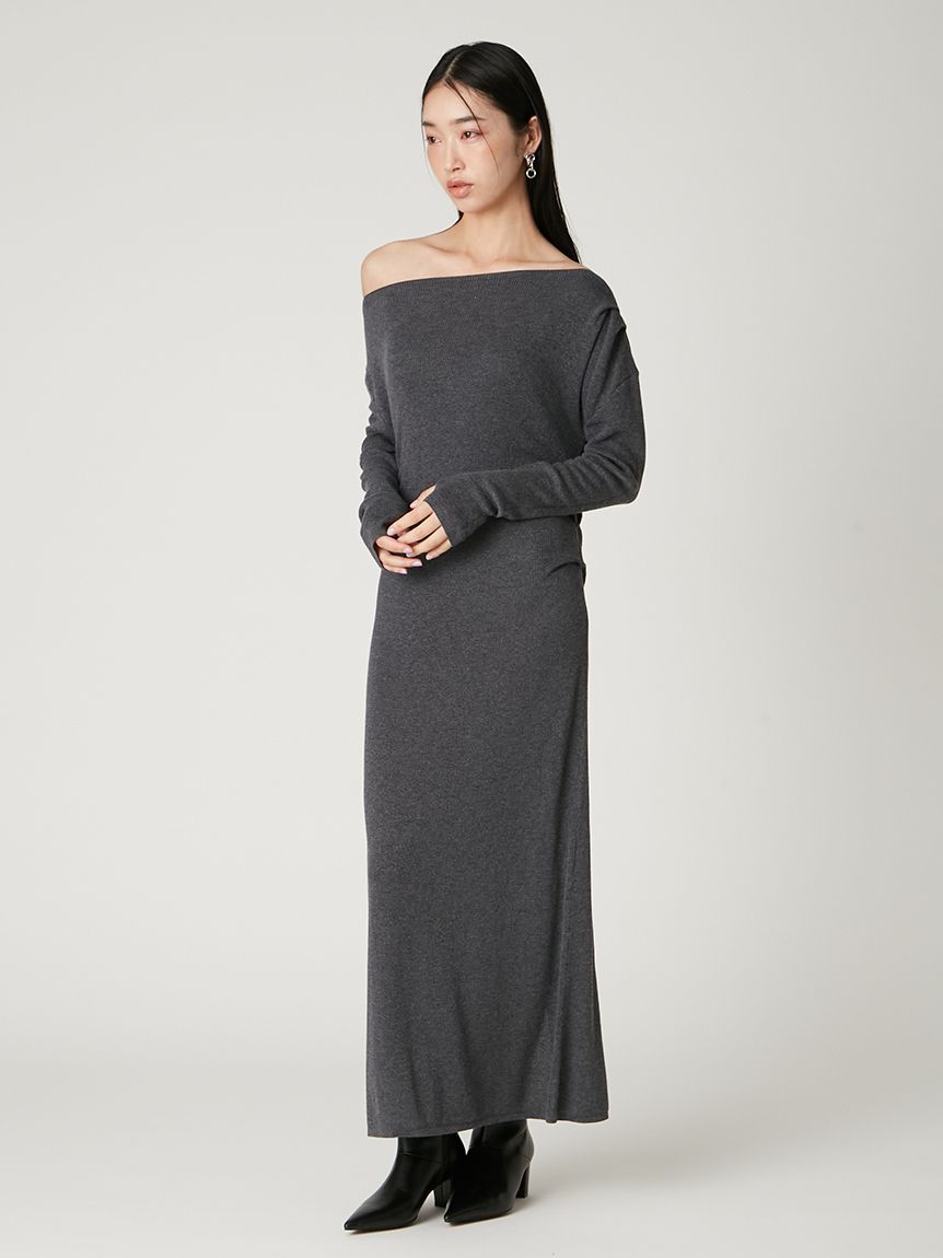 タックドレープワンショルリブニットワンピース(マキシ・ロング