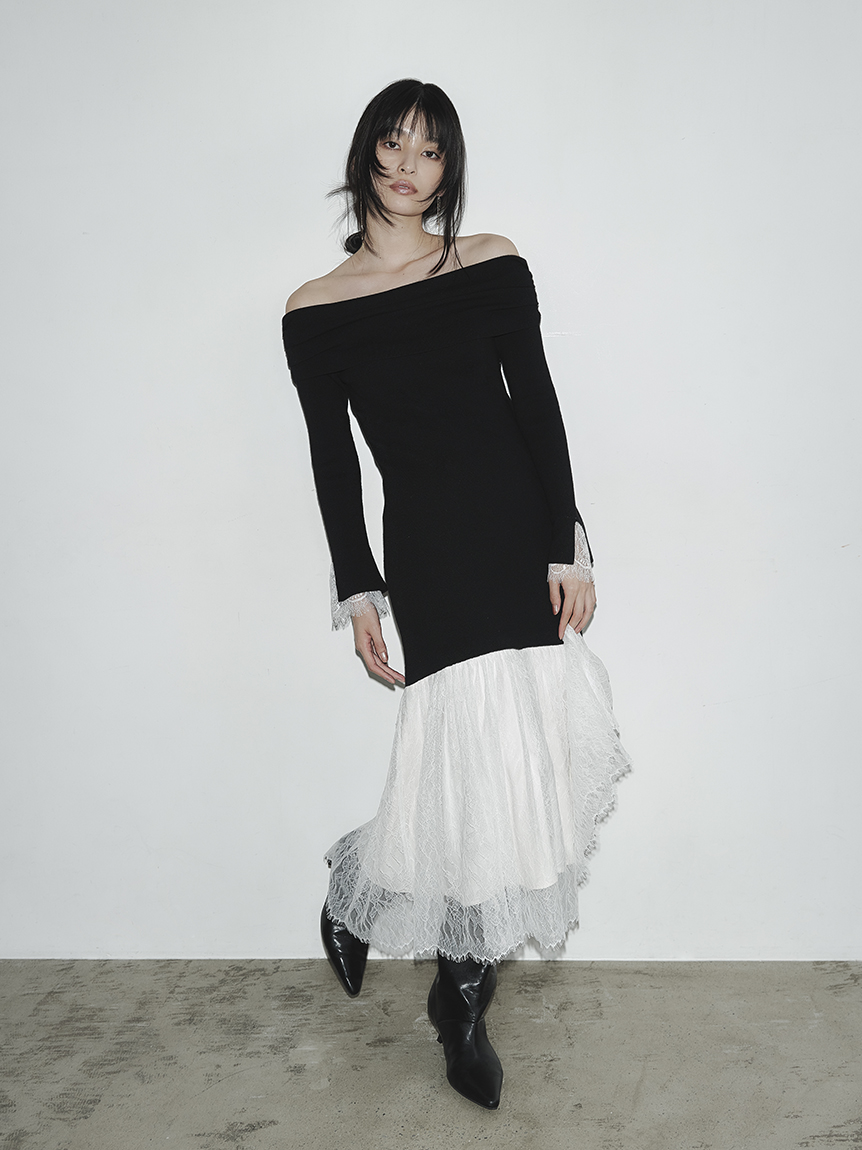 WEB限定】レースニットドッキングワンピース(ニットワンピース