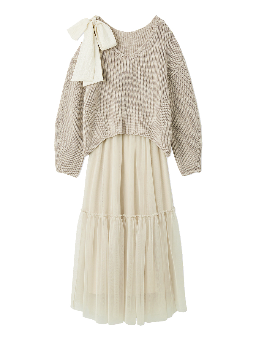 リボンニットプル＆チュールスカートセット(マキシ・ロングワンピース