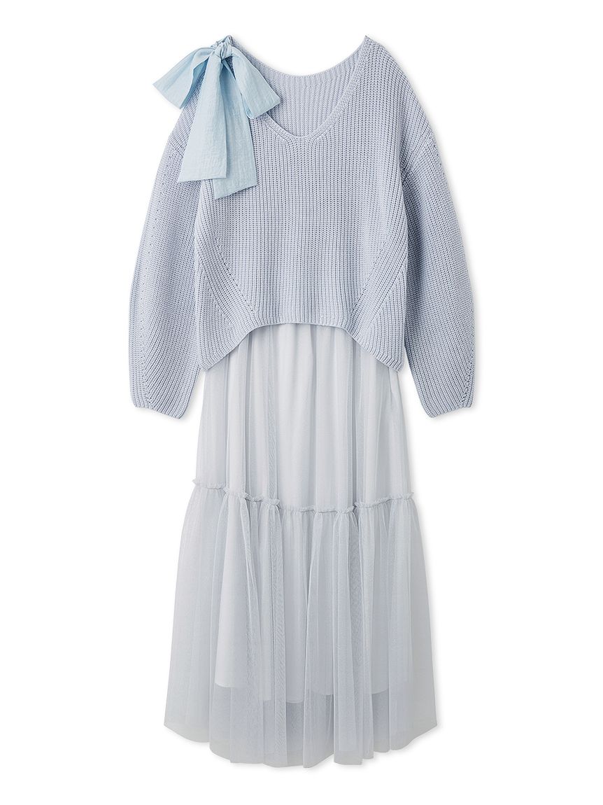 リボンニットプル＆チュールスカートセット(マキシ・ロングワンピース