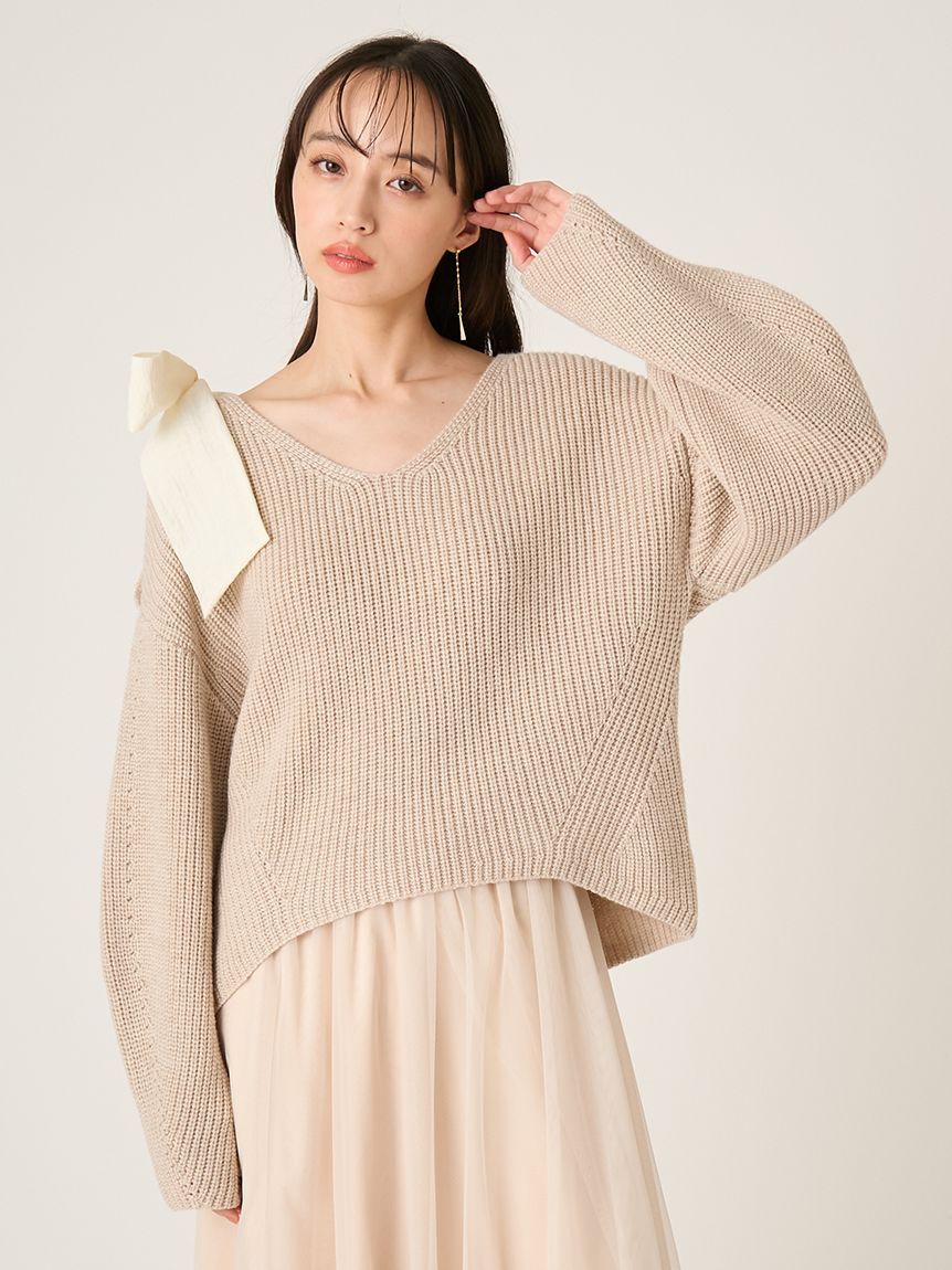 リボンニットプル＆チュールスカートセット(マキシ・ロングワンピース