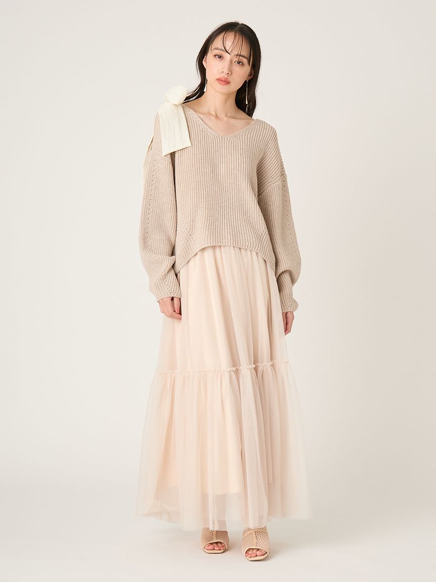 リボンニットプル＆チュールスカートセット(マキシ・ロングワンピース
