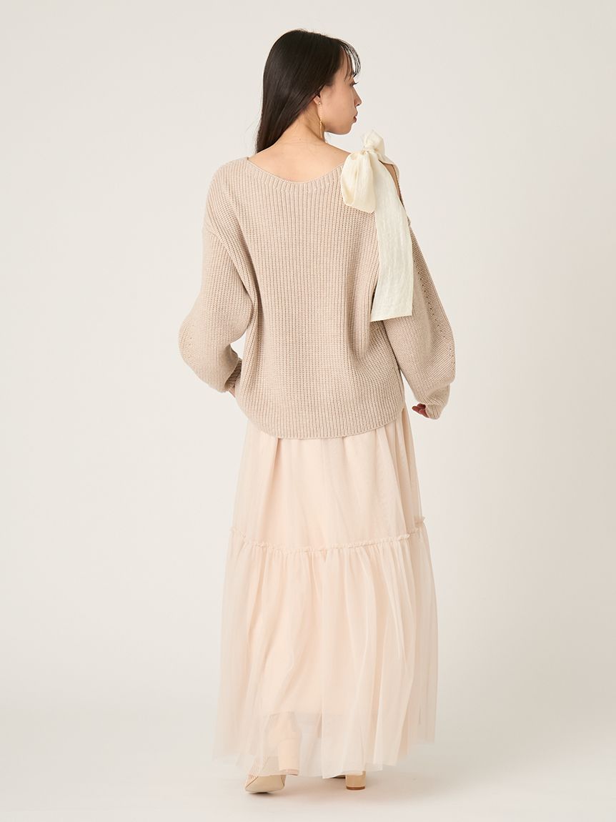 リボンニットプル＆チュールスカートセット(マキシ・ロングワンピース