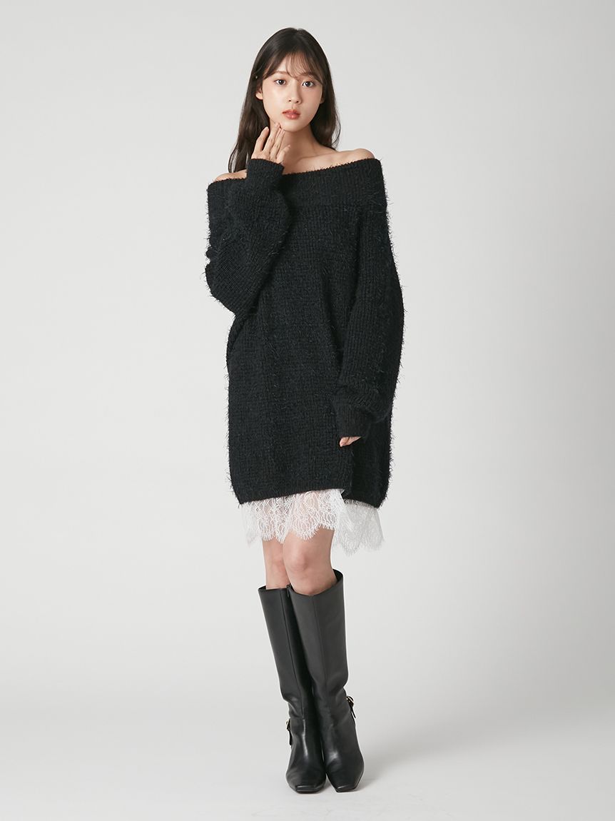 WEB限定】レースレイヤードニットミニワンピース(ニットワンピース