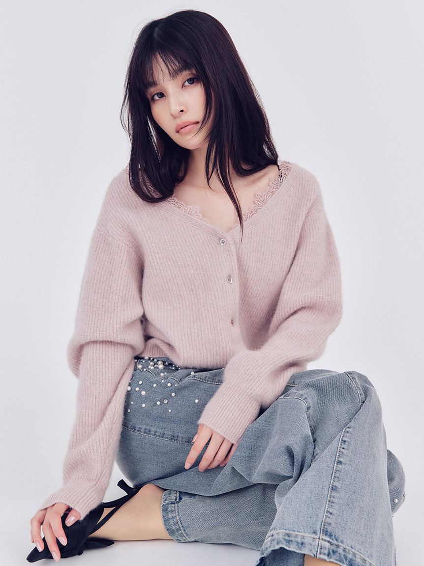 FRAY I.D フォックスウールレーストリムカーディガン グレー フォックスウールレーストリムカーディガン(ニット)｜トップス｜FRAY