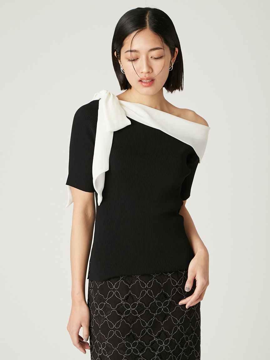 FRAY I.D シフォンリボンオフショルニット ブラック シフォンリボンオフショルニット(ニット)｜トップス｜FRAY I.D