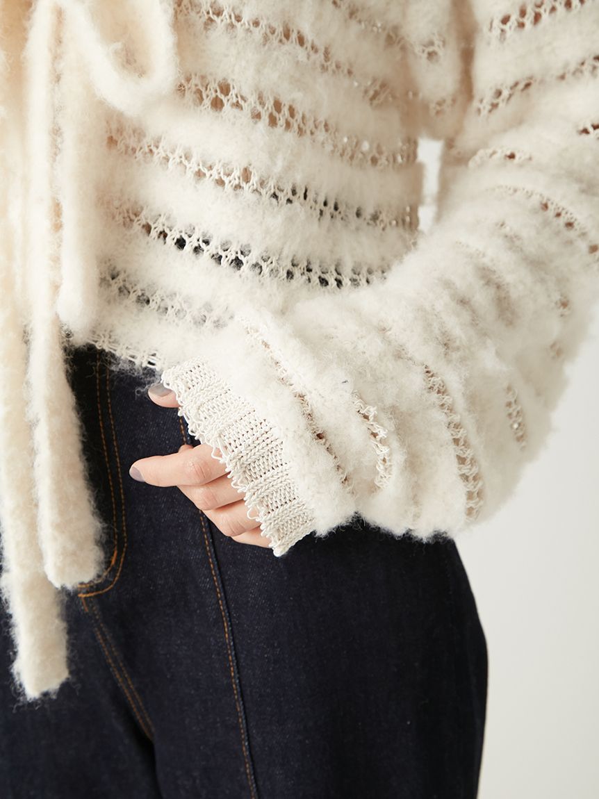 ネット編みシャギーボーダーカーデ(カーディガン)｜トップス