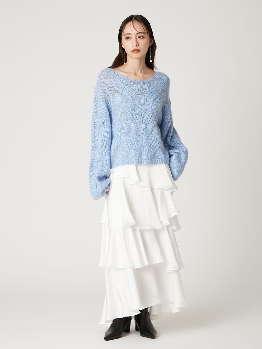 forte_forte アルパカ￼モヘヤニット　透かし編み　アイスブルー forte_forte アルパカ￼モヘヤニット 透かし編み アイスブルー