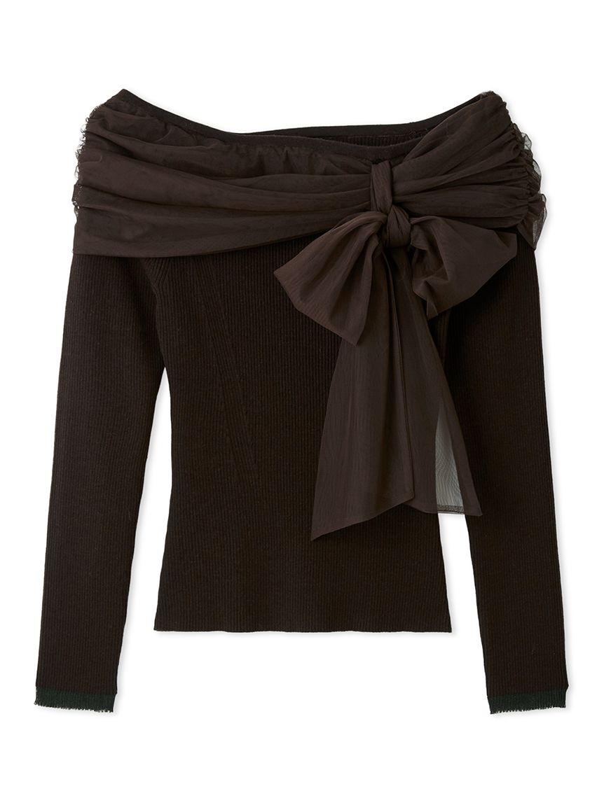 FRAY I.D シフォンリボンオフショルニット ブラック シフォンリボンオフショルニット(ニット)｜トップス｜FRAY I.D（フレイ