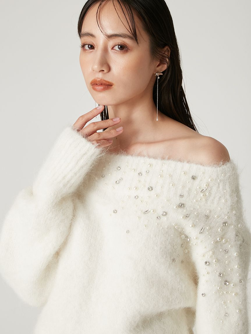 FRAY I.D アルパカシャギービジューオフショルニット IVR タグ付き