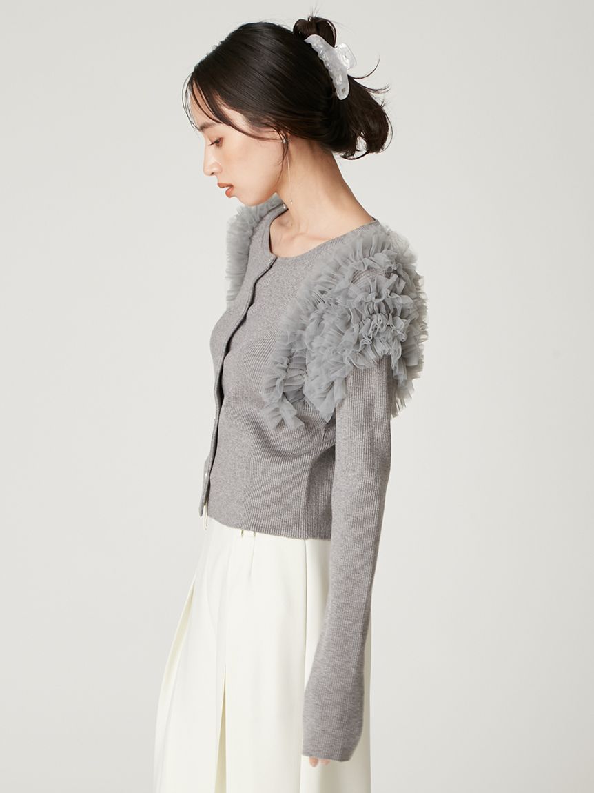 ショルダーチュールフリルニットカーディガン(カーディガン)｜トップス