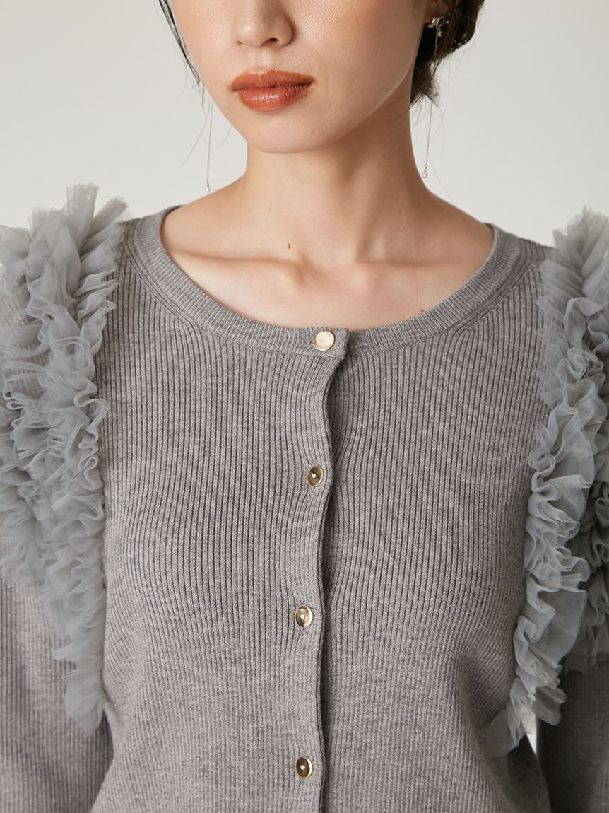 FRAY I.D フレイアイディー　ショルダーチュールフリルニットカーディガン ショルダーチュールフリルニットカーディガン(カーディガン)｜トップス