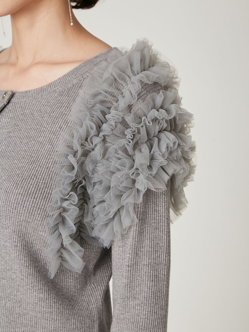 FRAY I.D フレイアイディー　ショルダーチュールフリルニットカーディガン ショルダーチュールフリルニットカーディガン(カーディガン)｜トップス