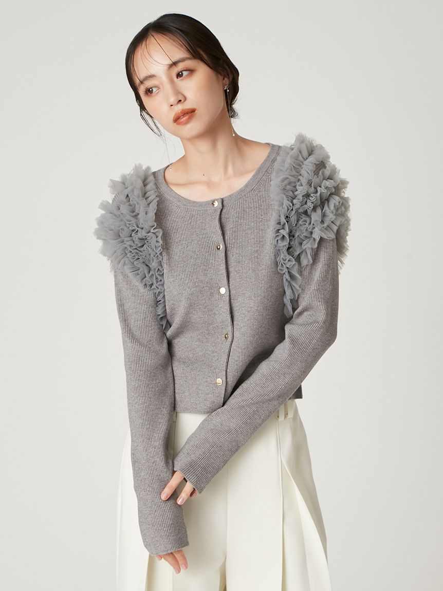 ショルダーチュールフリルニットカーディガン(カーディガン)｜トップス