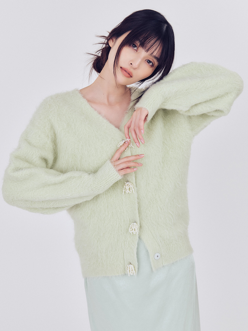 パールリボンシャギーミドルVネックカーディガン(カーディガン