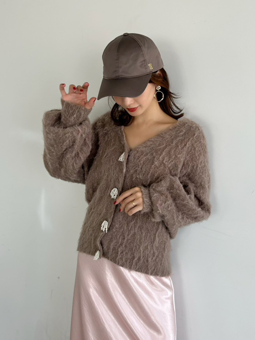 パールリボンシャギーミドルVネックカーディガン(カーディガン