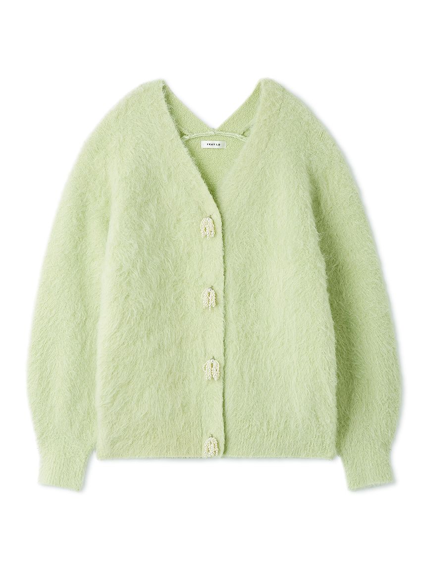 新品未使用タグ付きFRAY ID パールリボンシャギーミドルVネックカーディガン パールリボンシャギーミドルVネックカーディガン(カーディガン